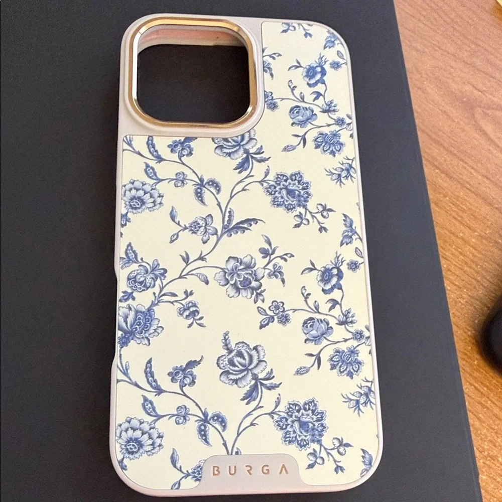 Beautiful Sweetheart Burga phone case cream blue floral. Fits Apple 16 pro Max.